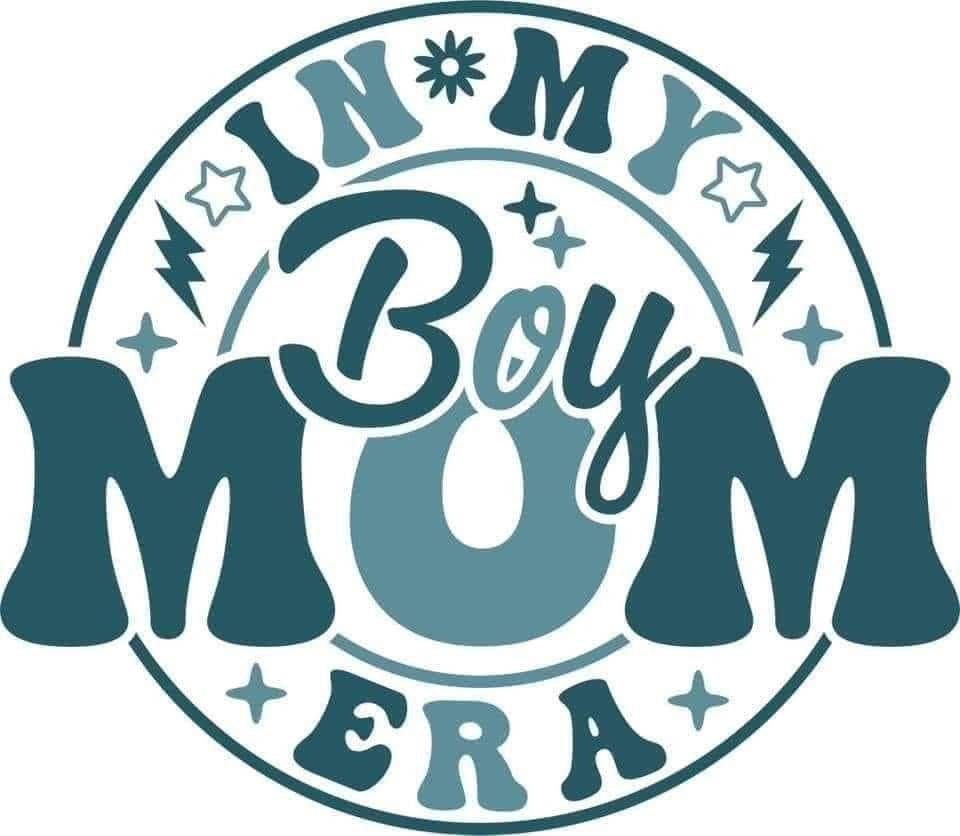 Teal text 'IN MY BOY MOM ERA' with decorative elements on a white background