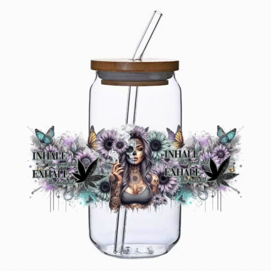 Glass jar with bamboo lid and straw, decorated with a skeleton woman, flowers, and text on a white background.
