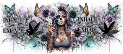 Artistic design with a woman in a skull mask, flowers, and butterflies with text 'INHALE' and 'EXHALE'.