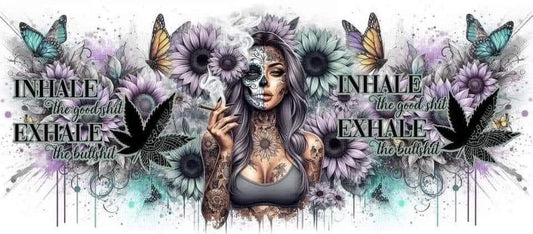 Artistic design with a woman in a skull mask, flowers, and butterflies with text 'INHALE' and 'EXHALE'.