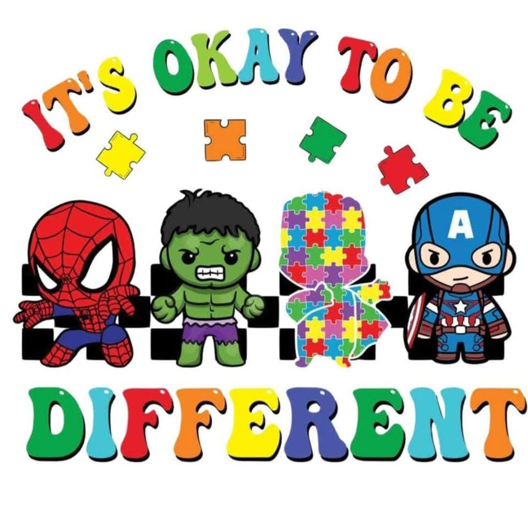 Superhero characters with puzzle pieces and text 'It's Okay to Be Different' on a white background