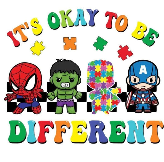 Superhero characters with puzzle pieces and text 'It's Okay to Be Different' on a white background
