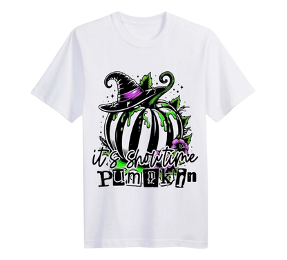 White t-shirt with Halloween-themed design featuring a pumpkin and witch hat on a white background