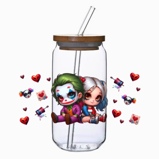 Clear tumbler with cartoon characters and colorful elements on a white background