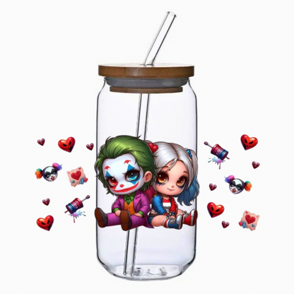 Clear tumbler with cartoon characters and colorful elements on a white background