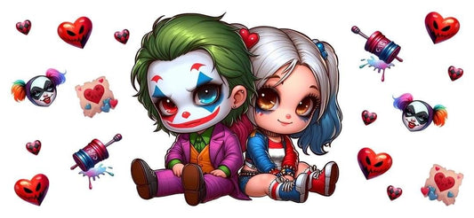 Cartoon characters of a Joker and Harley Quinn surrounded by hearts and small colorful objects on a white background.