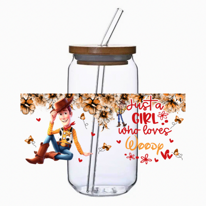 Glass tumbler with straw featuring Sheriff and floral design.