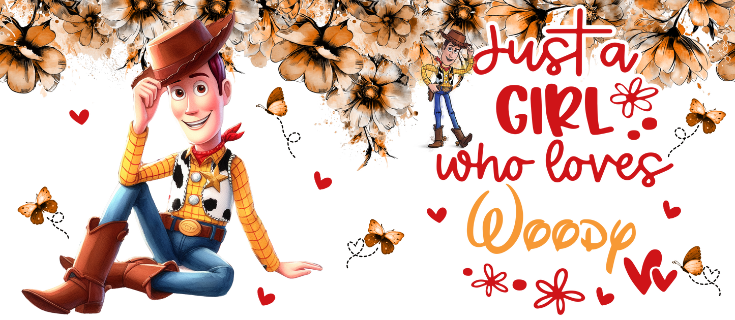 Cartoon character in a cowboy outfit with text surrounded by flowers and butterflies on a white background.
