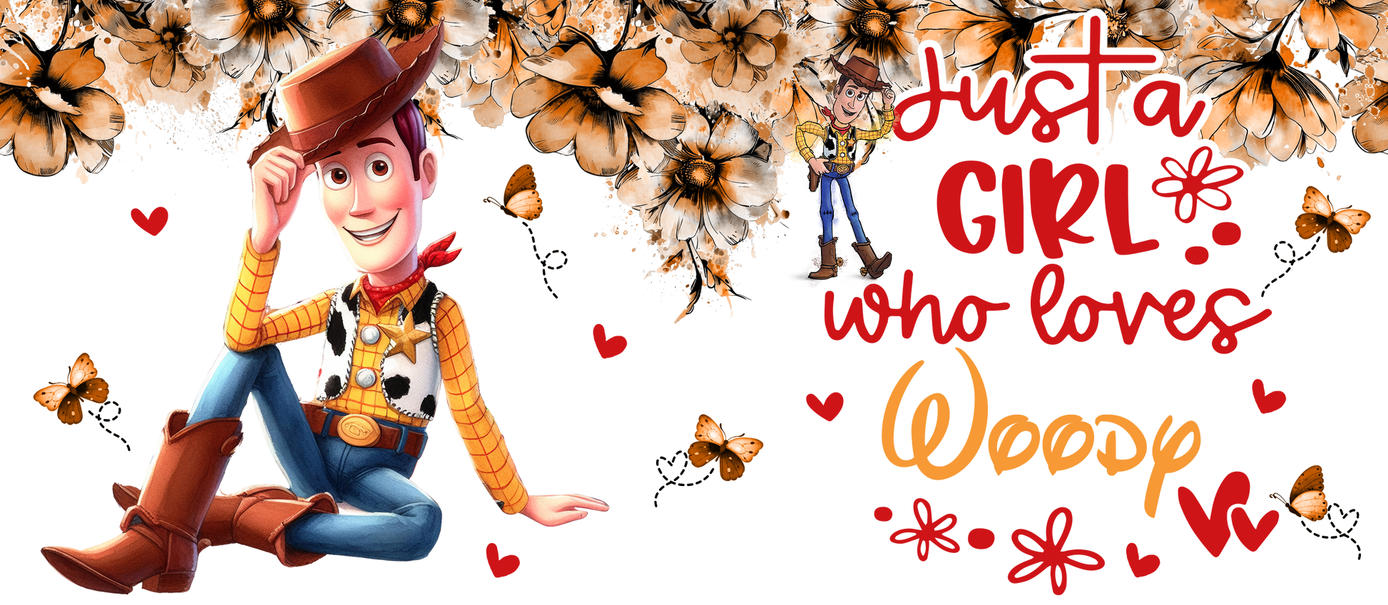 Cartoon character in a cowboy outfit with text surrounded by flowers and butterflies on a white background.
