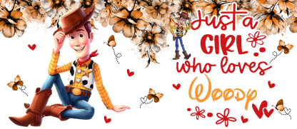 Cartoon character in a cowboy outfit with text surrounded by flowers and butterflies on a white background.