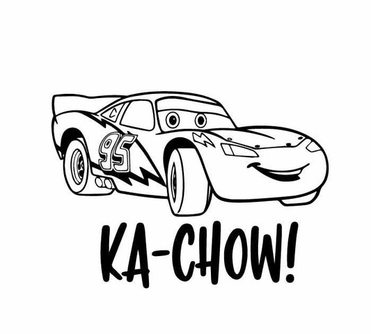 Cartoon race car with 'KA-CHOW!' text on a white background