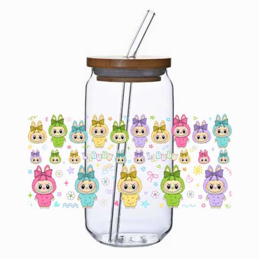 Clear glass jar with bamboo lid and straw, featuring small pastel cartoon characters on a white background