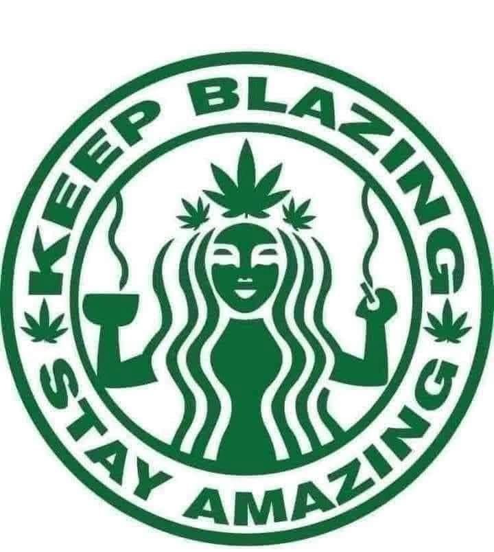 Green logo with a stylized figure holding a cup and cannabis leaves, with text 'Keep Blazing Stay Amazing'.