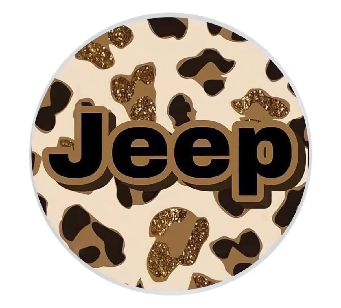 Round coaster with 'Jeep' text and leopard print design on a beige background