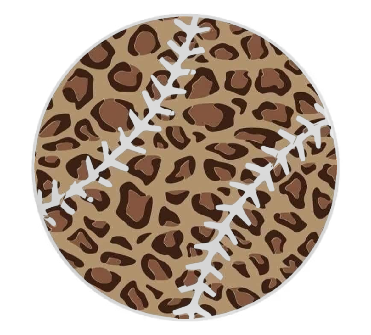 Round coaster with leopard print pattern and white stitching details on a beige background