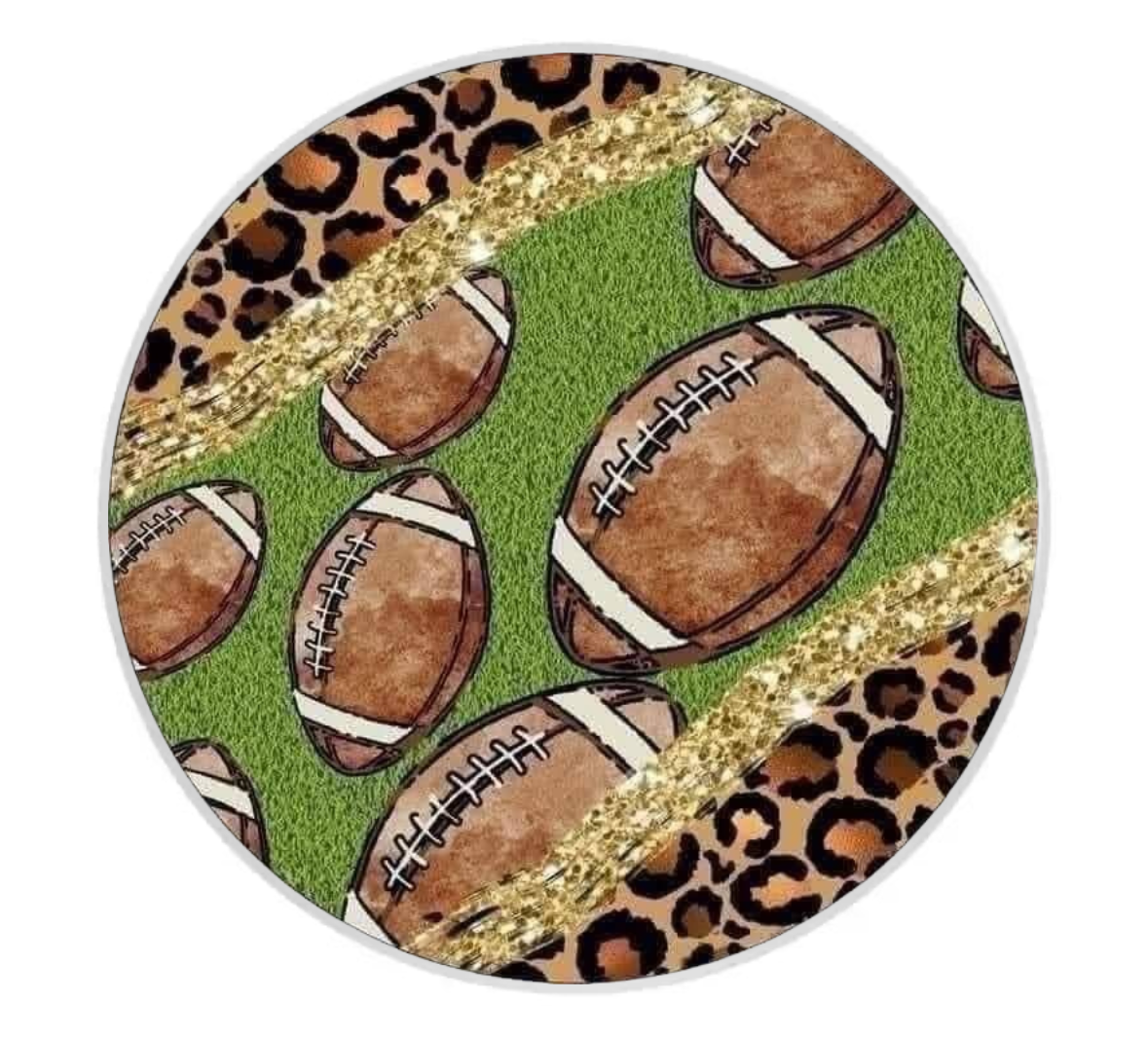 Round coaster with football pattern on a green background, featuring leopard print and gold accents.