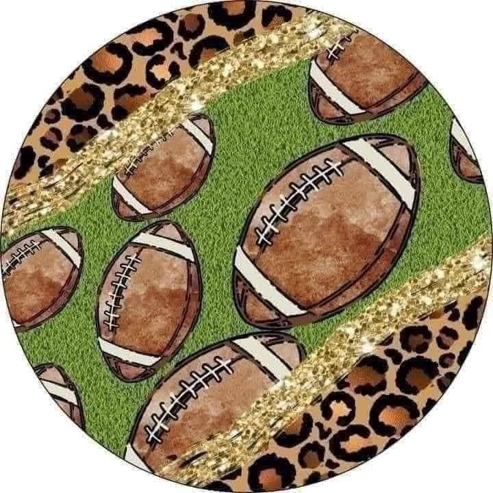 Round coaster design with football pattern, leopard print, and gold accents on a green background