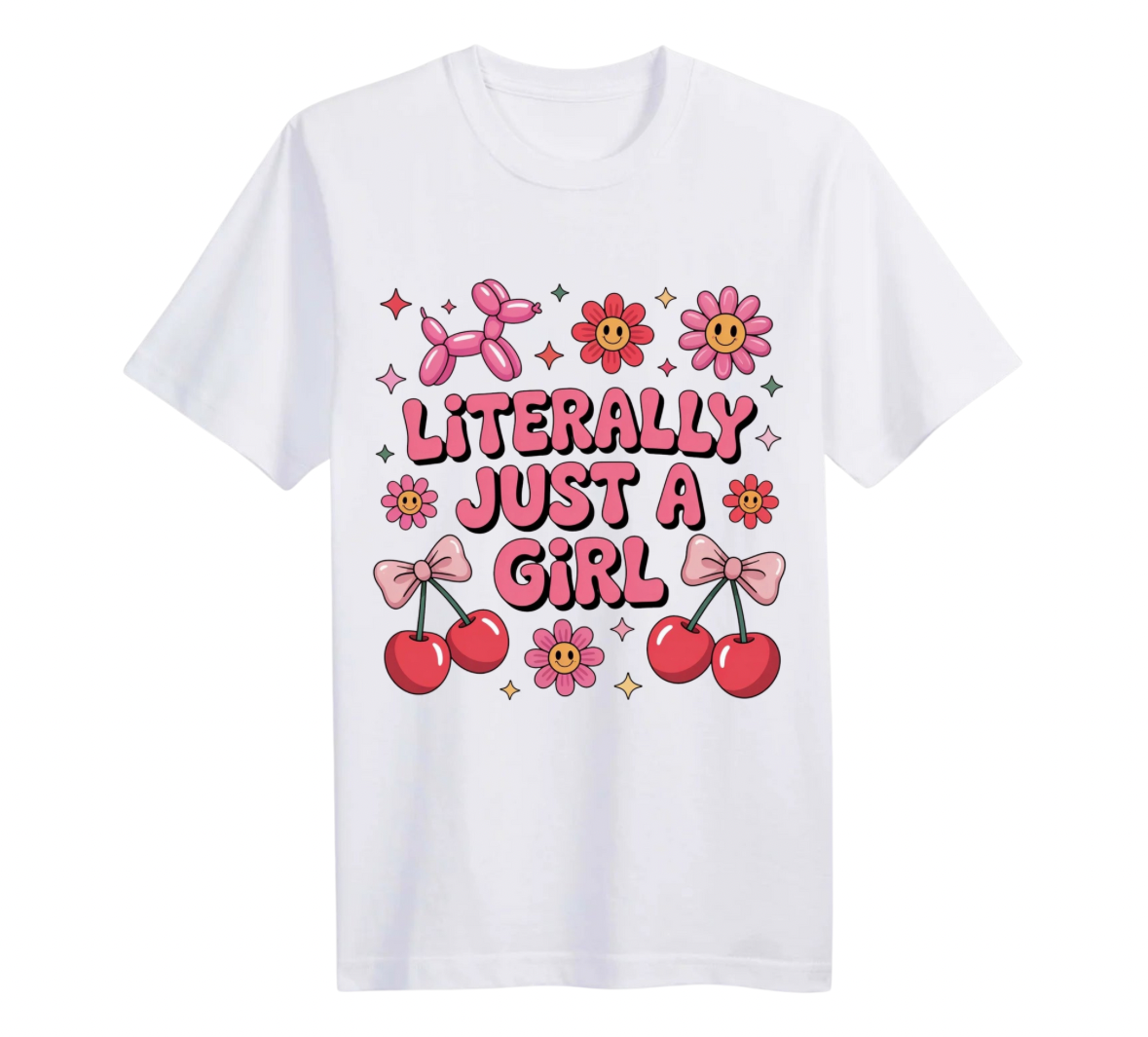 White t-shirt with colorful graphics and 'Literally Just A Girl' text on a white background