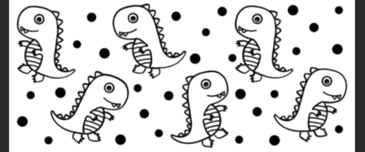 A black and white image of a vinyl decal featuring cartoon-style dinosaurs with polka dots.