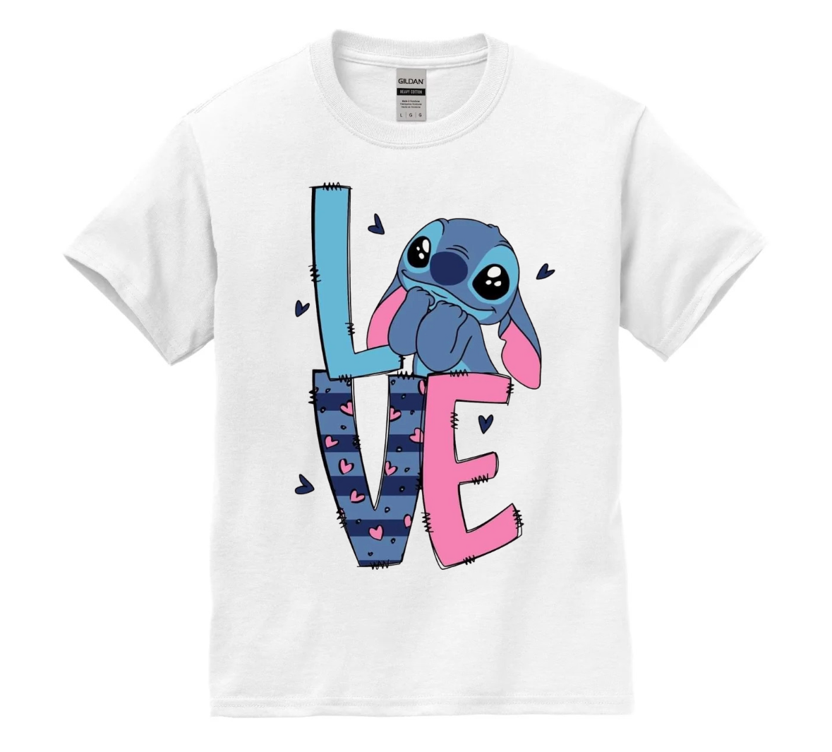 White t-shirt with cartoon character and 'LOVE' text on a white background