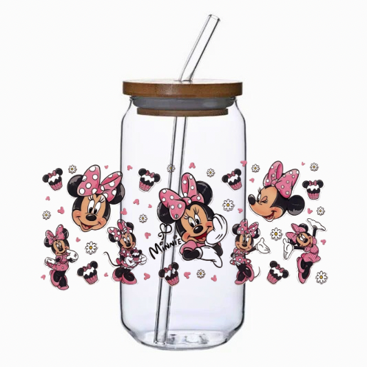 Clear tumbler with Love Mouse illustrations and a wooden lid on a white background