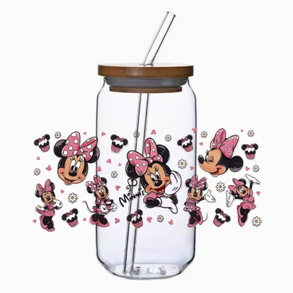 Clear tumbler with Love Mouse illustrations and a wooden lid on a white background