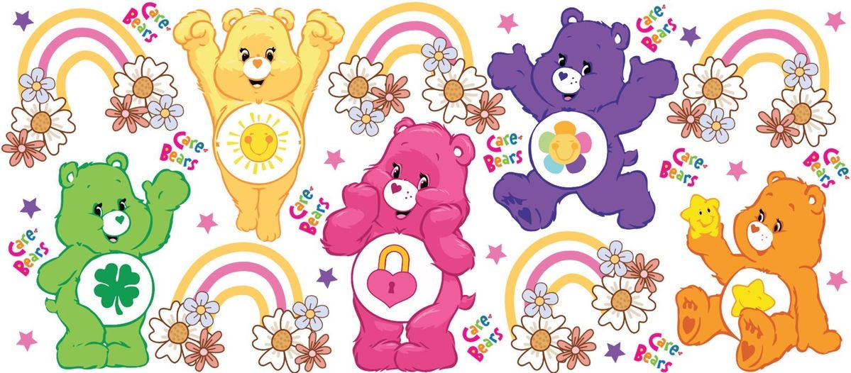 Five colorful loving bears with rainbow and flower designs on a white background