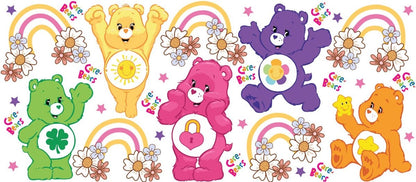 Five colorful loving bears with rainbow and flower designs on a white background