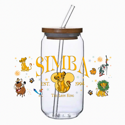Clear tumbler with a majestic lion design and jungle characters on a white background