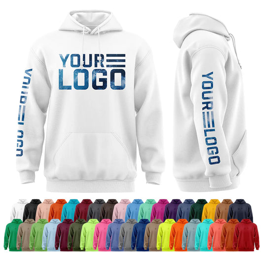 White hoodie with 'YOUR LOGO' text, displayed with color swatches below.