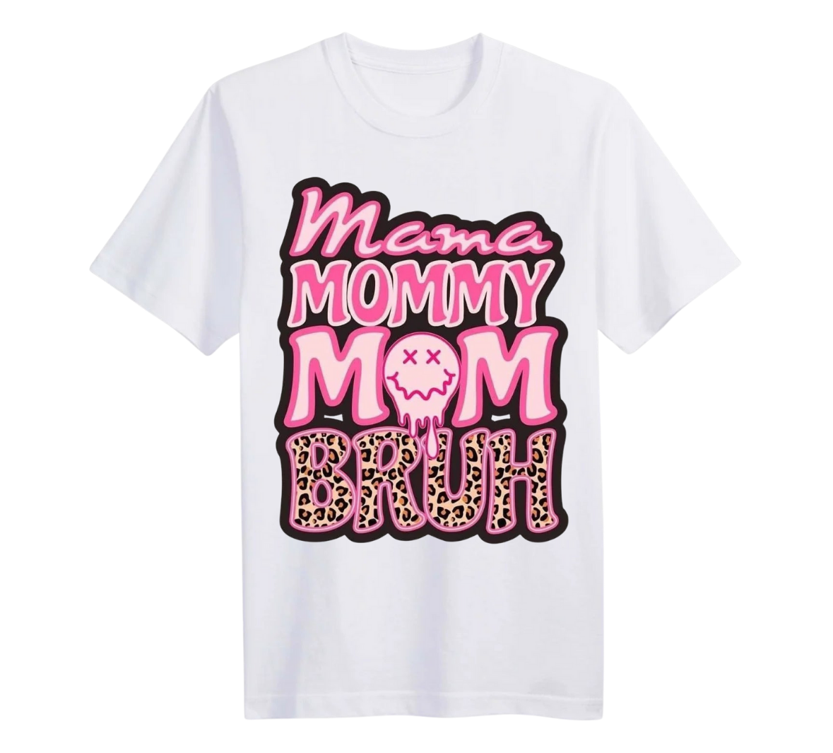 White t-shirt with pink and leopard print text on a white background