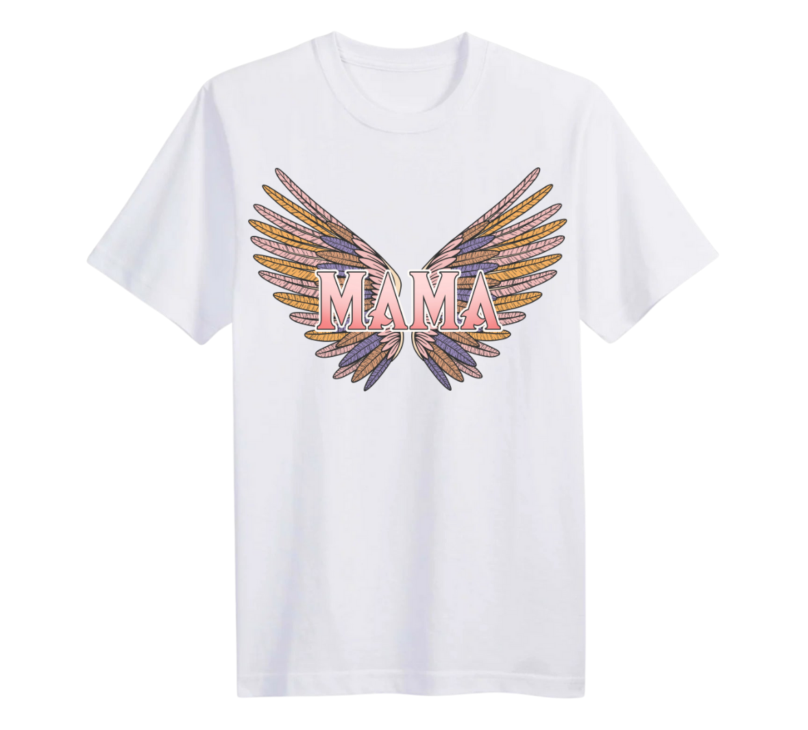 White t-shirt with 'MAMA' and wing design on a white background
