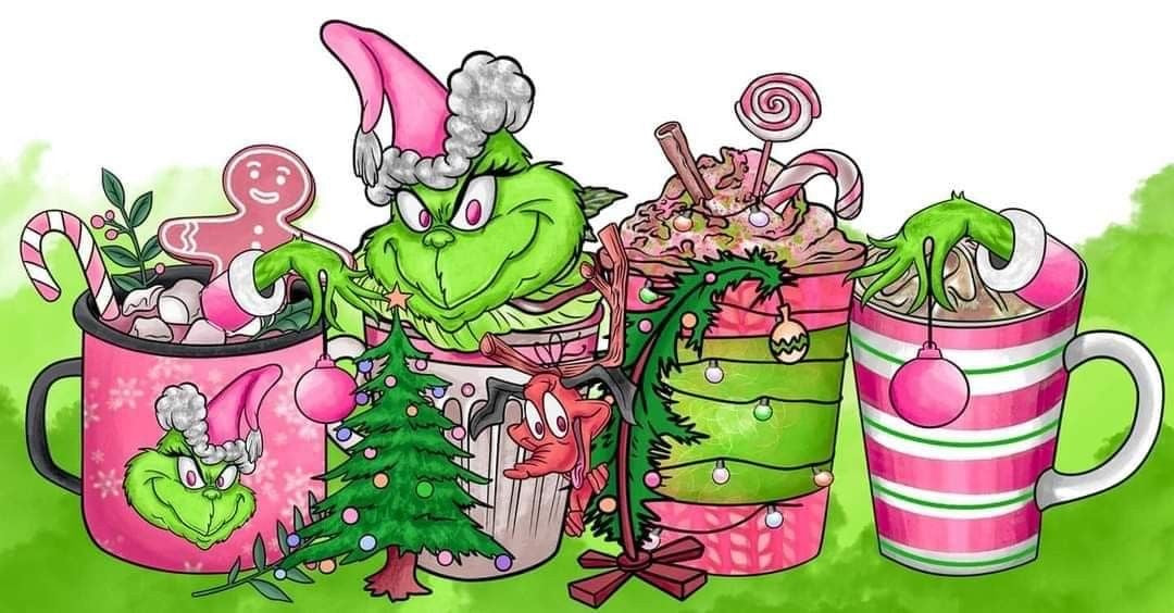 Cartoon character with festive decorations and mugs on a green background