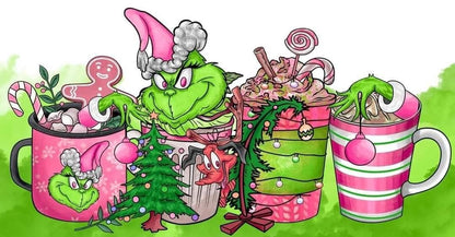 Cartoon character with festive decorations and mugs on a green background