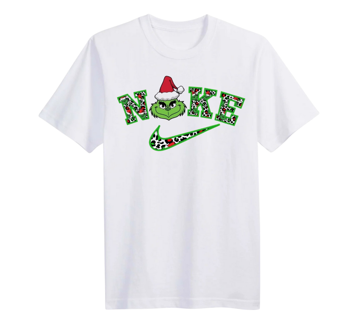 White t-shirt with a Christmas-themed design on a white background