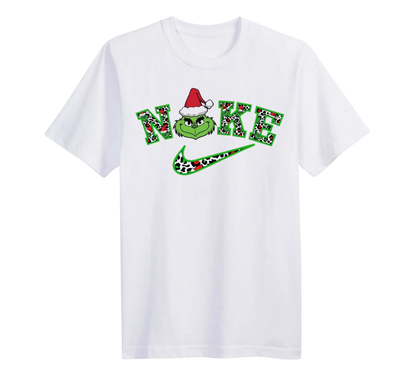 White t-shirt with a Christmas-themed design on a white background