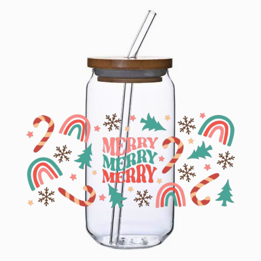 Clear glass tumbler with bamboo lid and straw, decorated with festive designs and 'Merry Merry Merry' text on a white background.