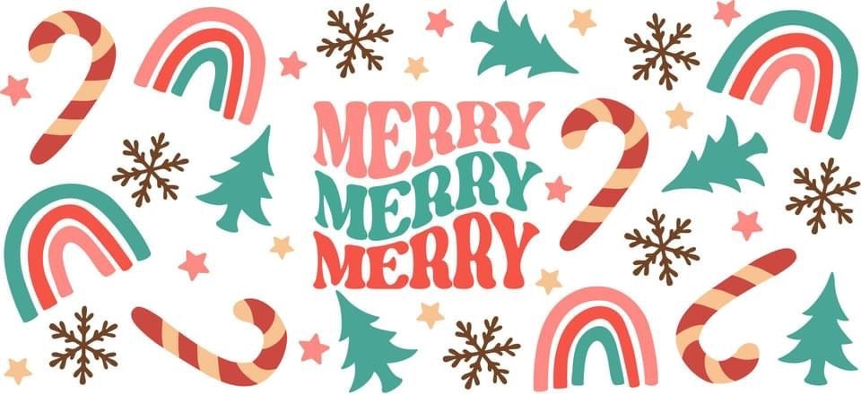 Colorful Christmas-themed pattern with candy canes, rainbows, trees, and snowflakes on a white background.