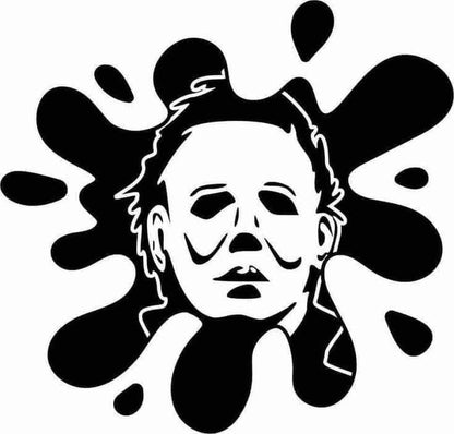 Black and white illustration of a face with splashes on a white background