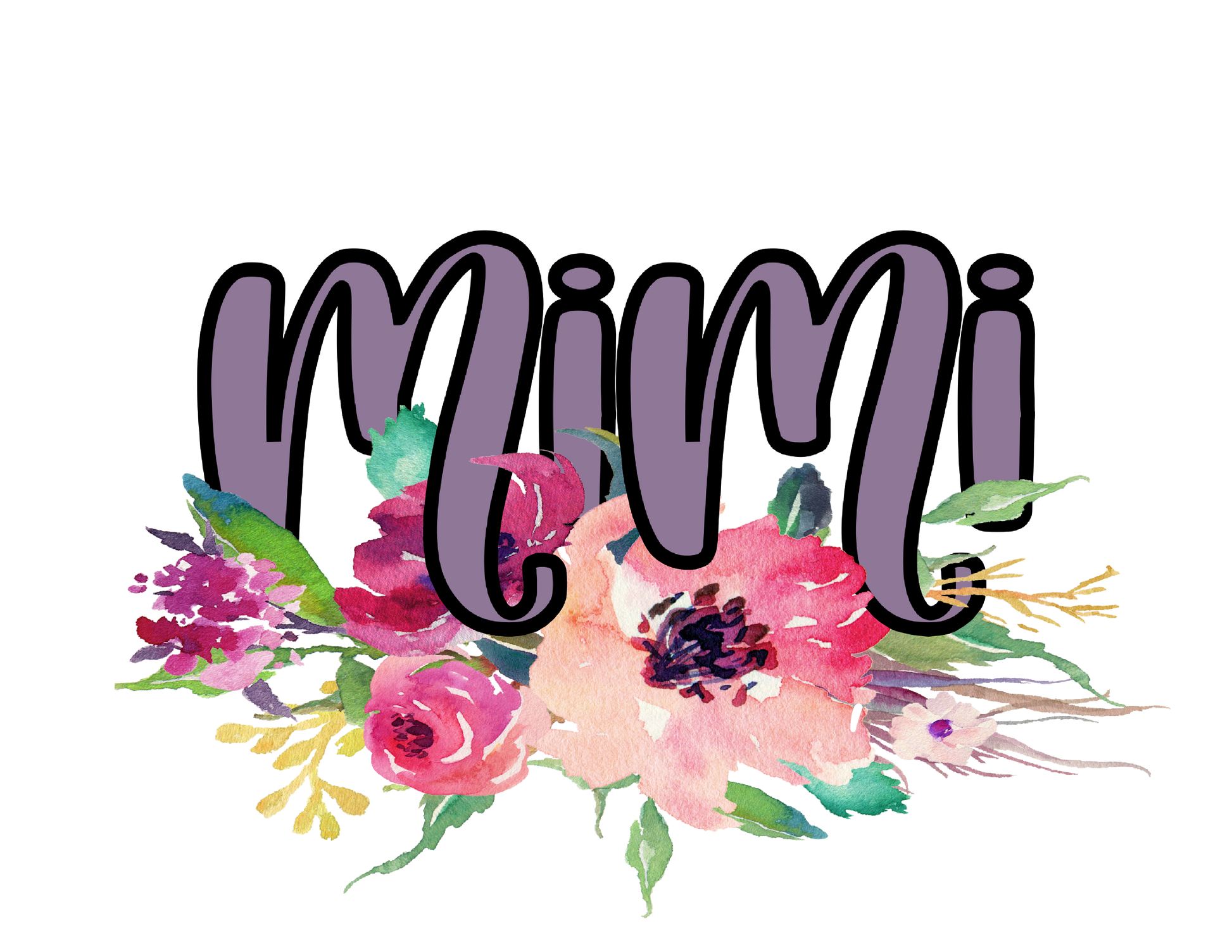 Colorful floral design with the word 'Mimi' on a white background