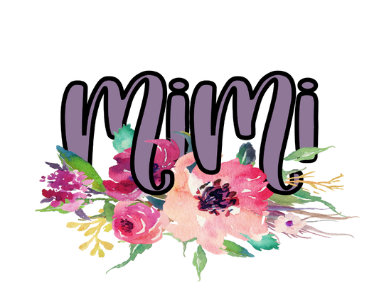 Colorful floral design with the word 'Mimi' on a white background
