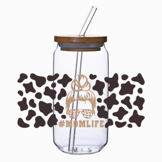Clear glass tumbler with bamboo lid and straw, featuring a cow print and '#MOMLIFE' text.