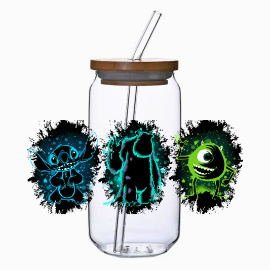 Clear tumbler with bamboo lid and straw featuring cartoon character designs on a white background