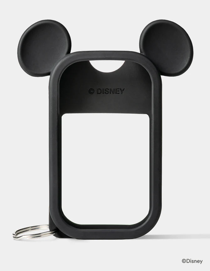Black hand sanitizer keychain case with mouse ears on a white background.