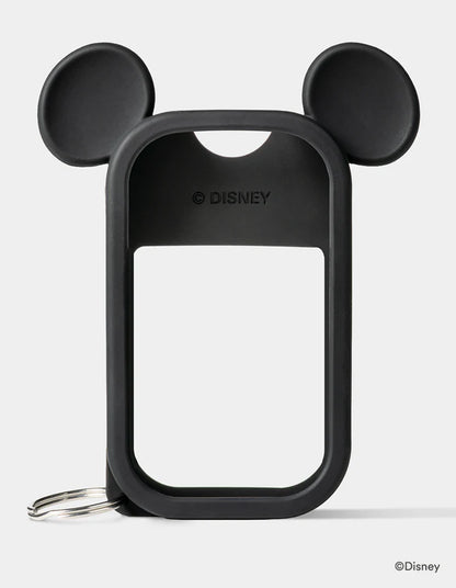 Black hand sanitizer keychain case with mouse ears on a white background.