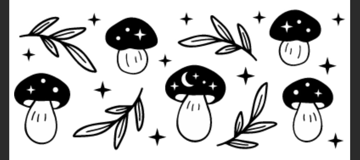 A sheet of black vinyl decorative stickers featuring various designs including mushrooms and leaves.