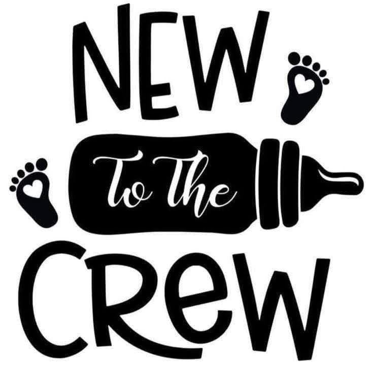 Design with 'New to the Crew' text and baby bottle graphic on a white background