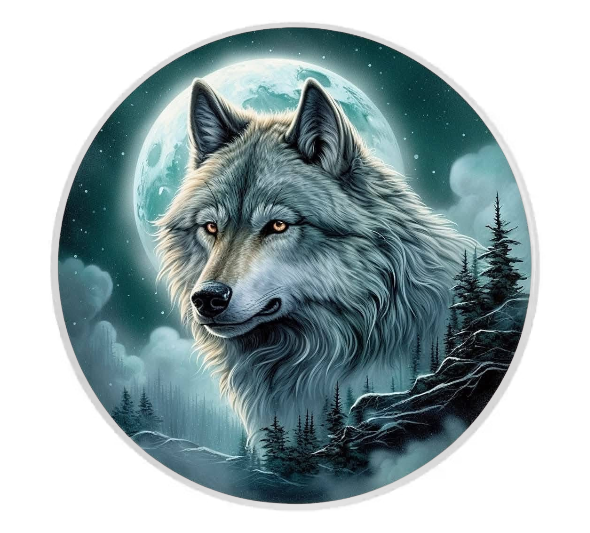 Artistic depiction of a wolf with a moonlit forest background coaster