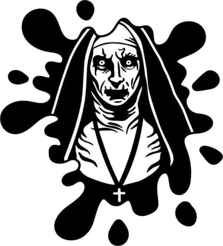 Stylized illustration of a nun with a white face and black hood on a white background
