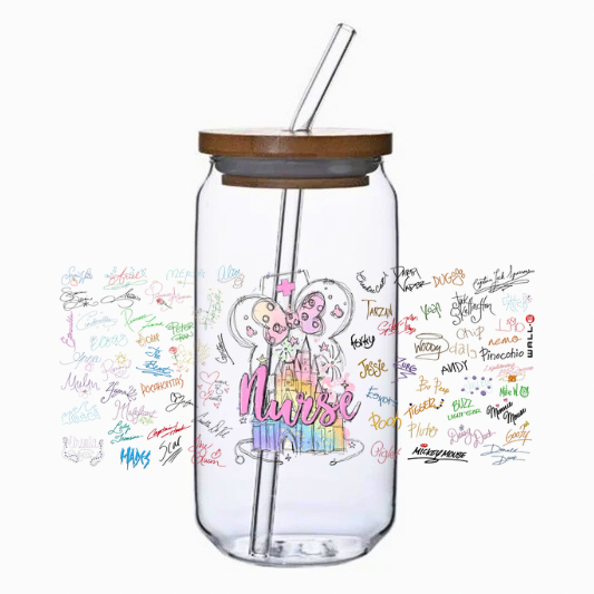 Clear tumbler with straw and bamboo lid featuring colorful graphics and text on a white background